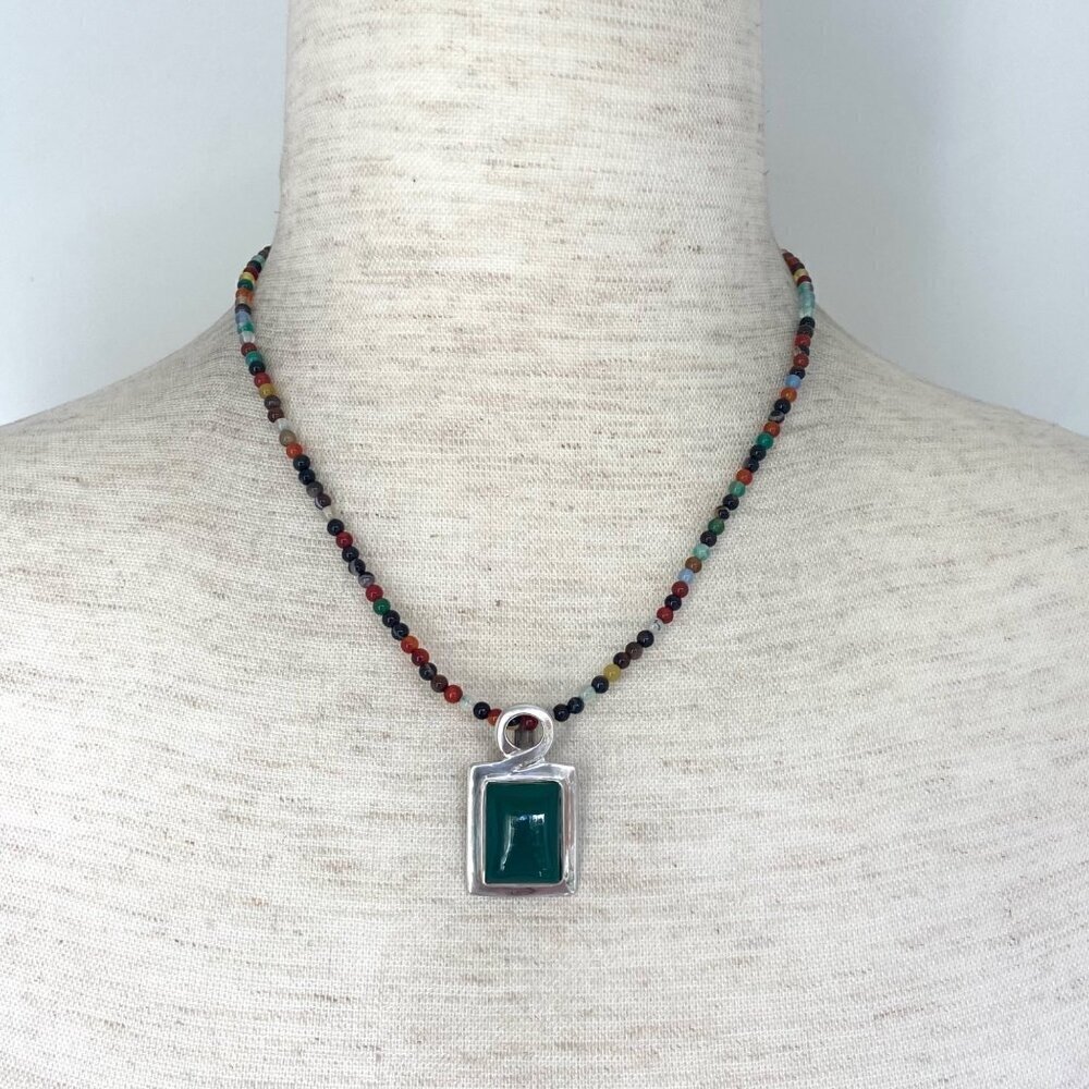 Sterling Silver 925 Multicolor Beaded Green Chrysoprase Pendant Necklace 18"